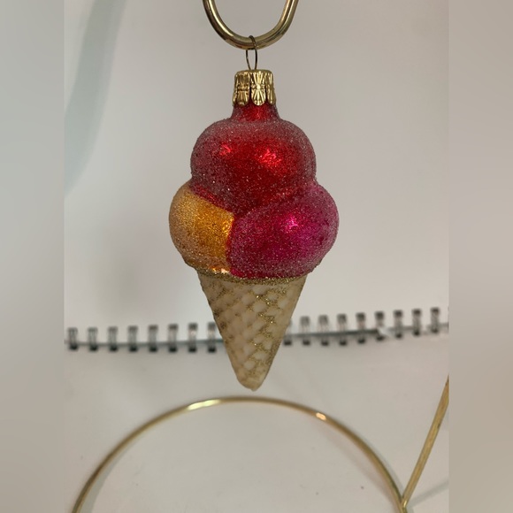 Triple Scoop Ice Cream Cone Blown Glass Christmas Ornament - Picture 2 of 6